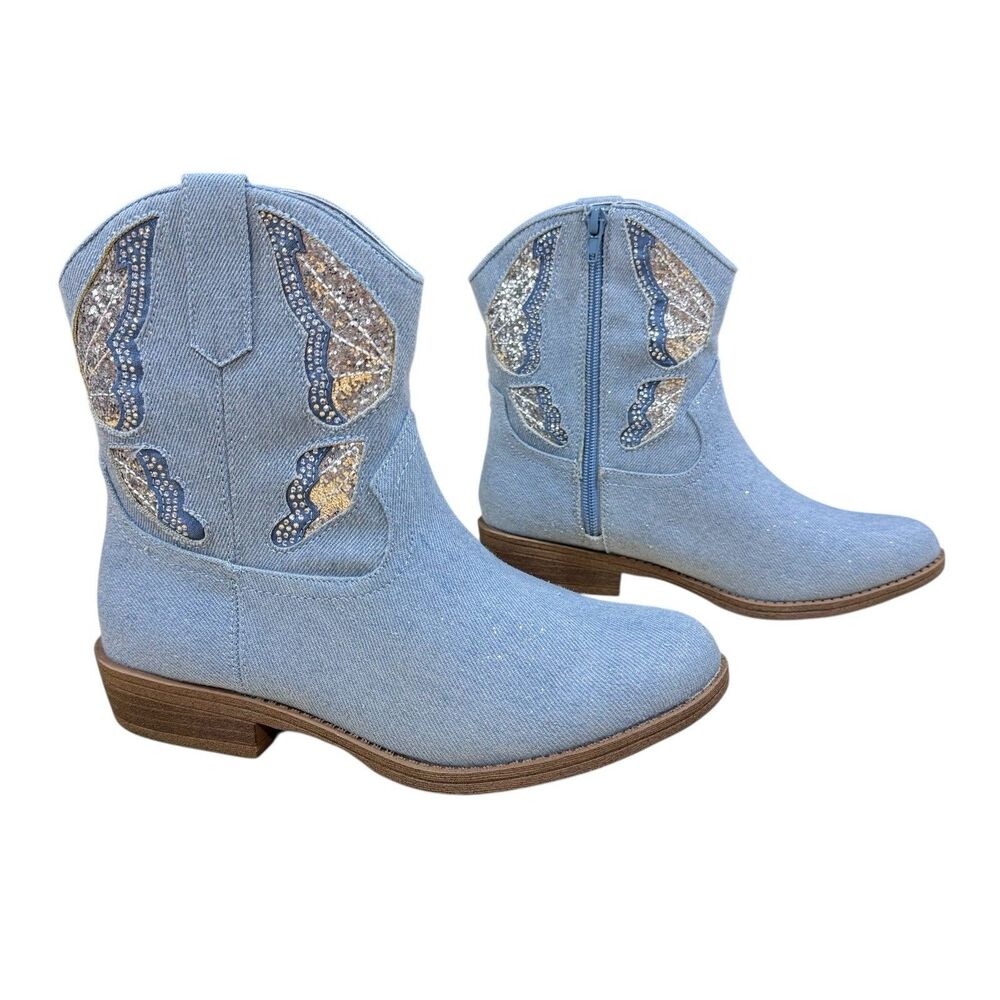 Madden Girl Misses Girls' MTINAA Denim Rhinestone Cowboy Short Boots Size 5 NEW